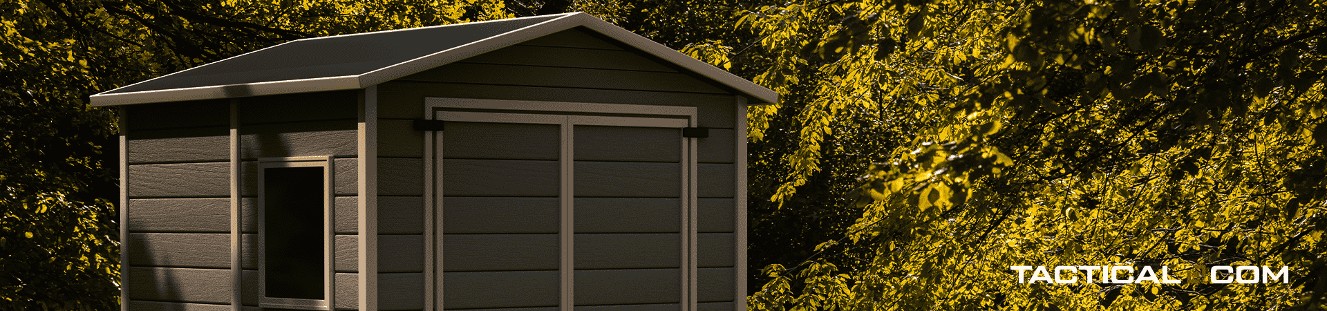 a shed surrounded by greenery