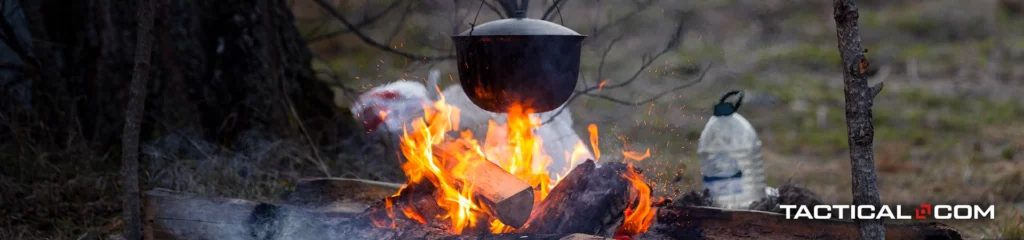 a campsite with a pot over a fire